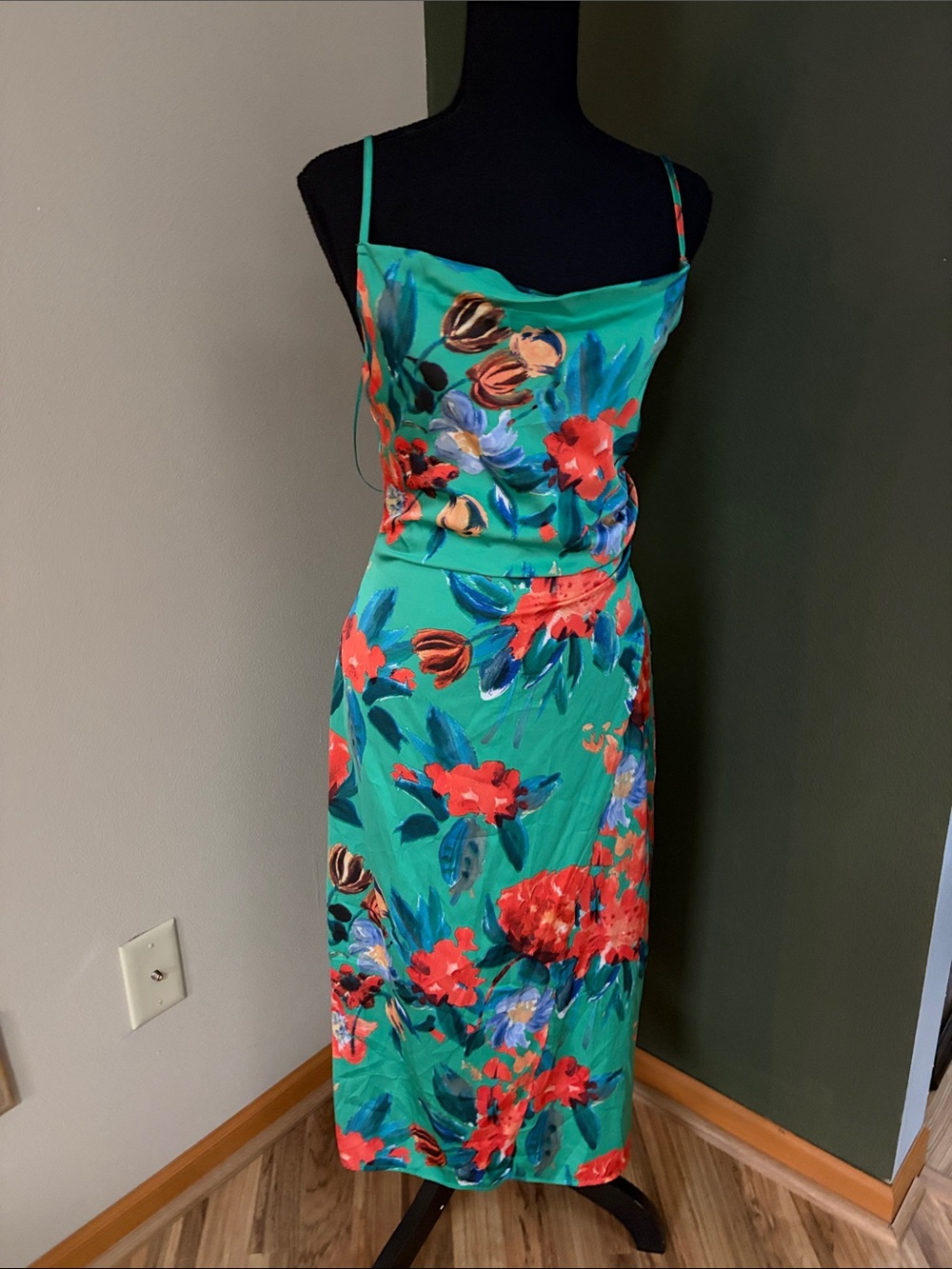 Inmod Green Floral Midi Slip Dress with Red Bloom Print